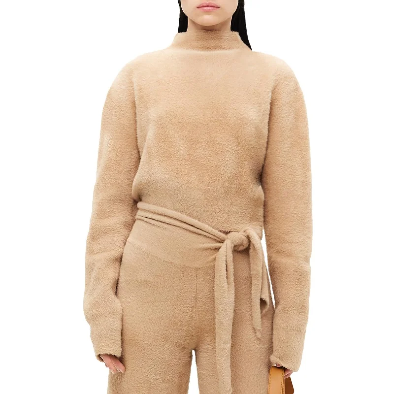 Oko Womens Crop Funnel Neck Pullover Sweater Mesh Blend Leather Blend Suede Blend