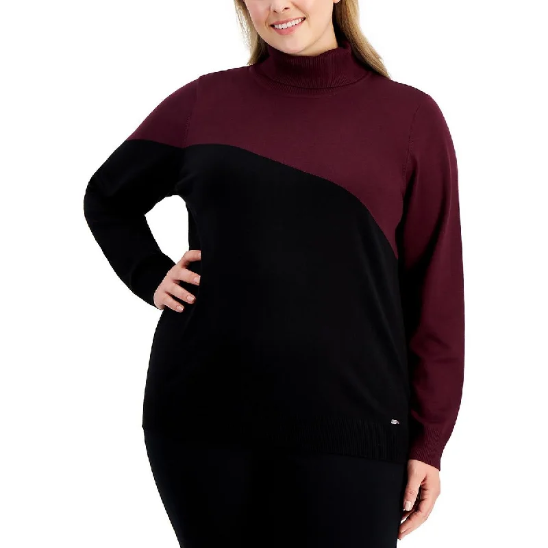 Plus Womens Colorblock Office Turtleneck Sweater Faux Fur Fabric Real Fur Fabric Shearling Fabric