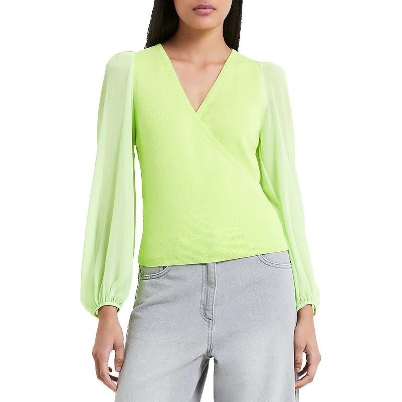 Womens Mixed Media Surplice Pullover Sweater Oversized Loose Flowy