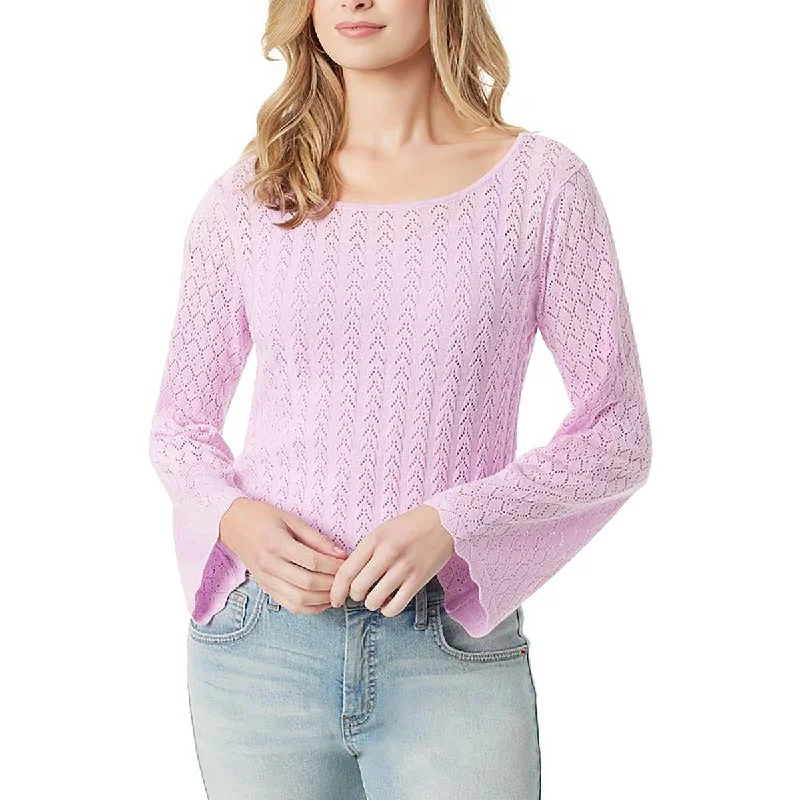 Womens Knitted Bell Sleeve Crewneck Sweater Fitted Loose Oversized