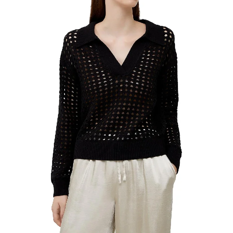Manda Womens Pointelle Split Neck Pullover Sweater Terry Blend Velvet Blend Canvas Blend