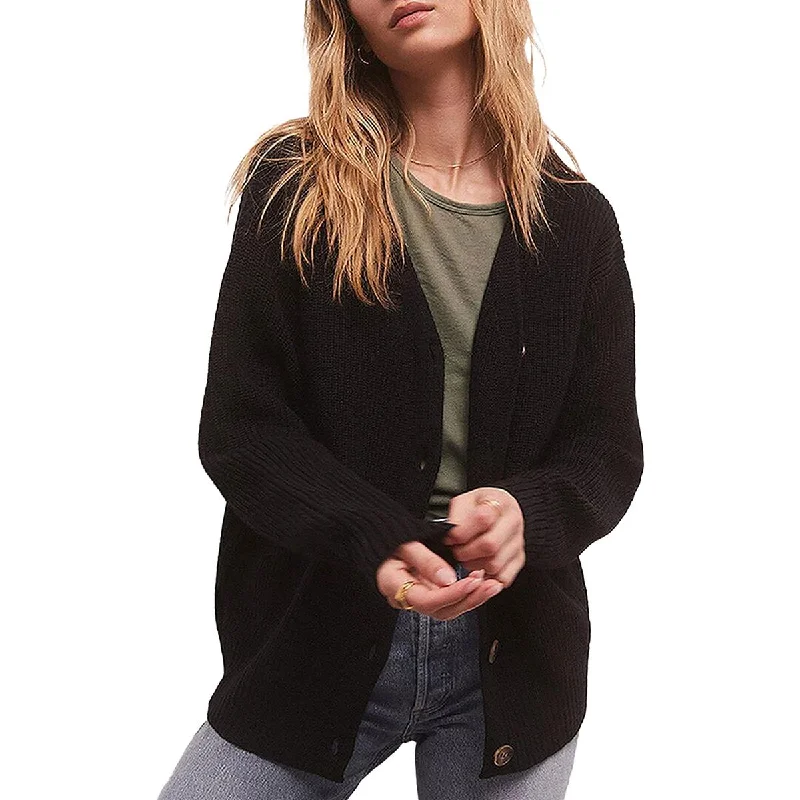 Fern Womens V Neck Long Sleeve Cardigan Sweater Front Pockets Side Pockets Patch Pockets
