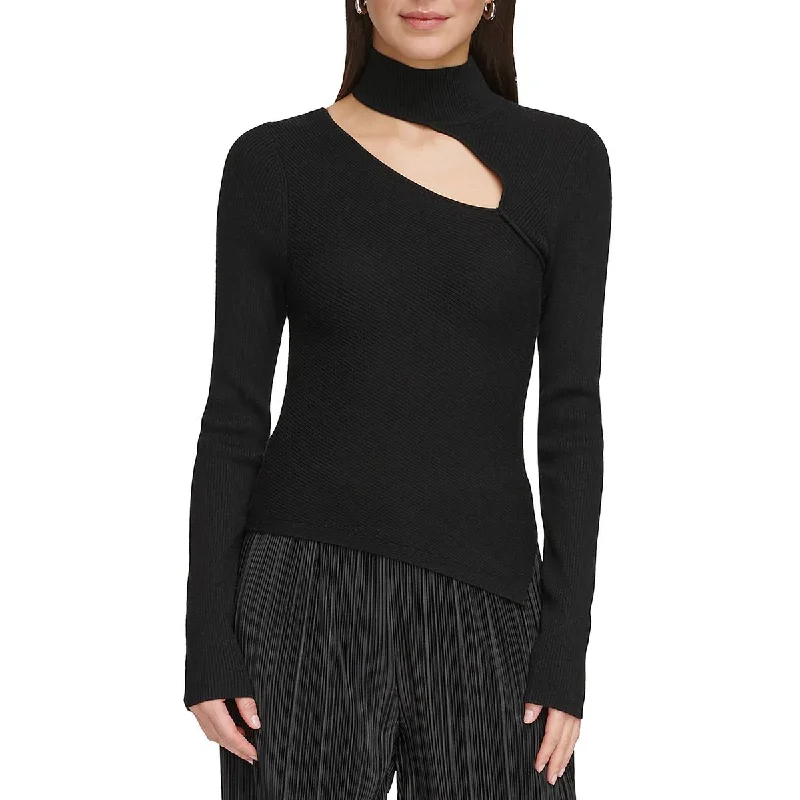 Womens Cutout Mock-Neck Pullover Sweater Front Pockets Side Pockets Patch Pockets