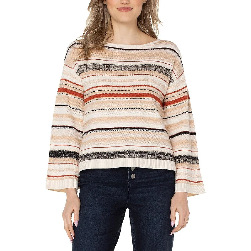 Womens Boat Neck Striped Pullover Sweater Spandex Rayon Corduroy
