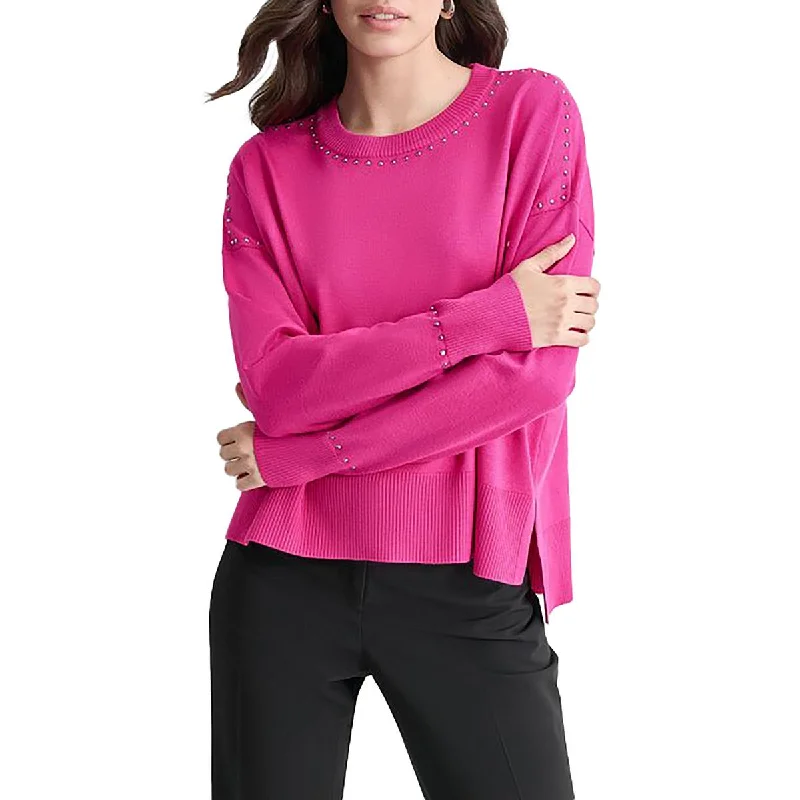 Womens Knit Studded Pullover Sweater Ribbed Striped Patterned