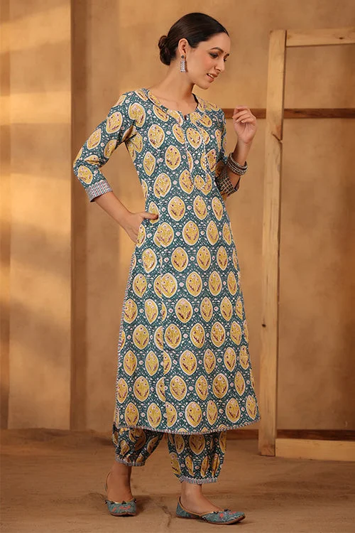 Shuddhi Pine Green And Lemin Yellow Kurta Pant Set Elegant High-Waist Pants