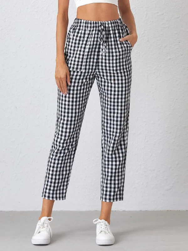Shein- Knot Waist Gingham Pants Casual Yoga Pants