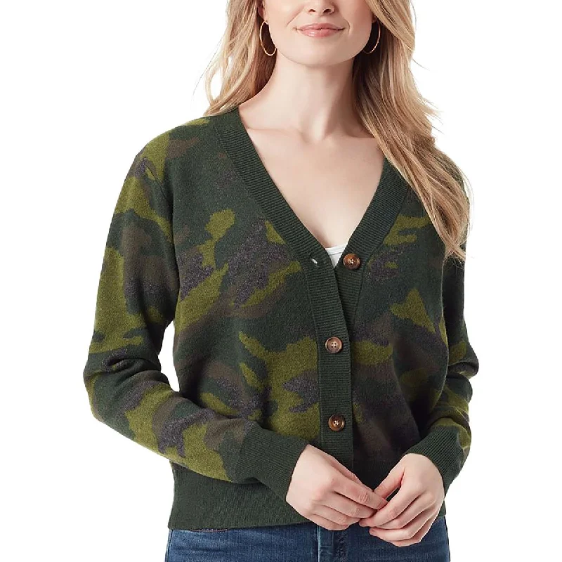 Womens V Neck Ribbed Trim Cardigan Sweater Fleece Fabric Down Fabric Feather Fabric