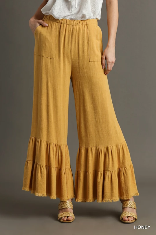Wide Ruffle Leg Pants with Pockets & Frayed Hem Casual Lounge Pants
