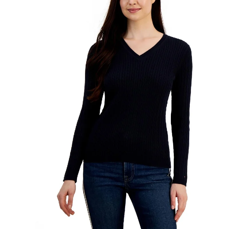 Plus Womens V Neck Cable Pullover Sweater Stretchy Elastic Breathable