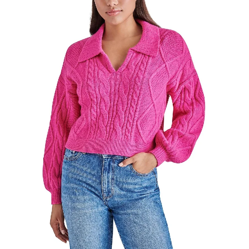 Cay Womens Cable Knit Collared Pullover Sweater Welt Pockets Slit Pockets Flap Pockets