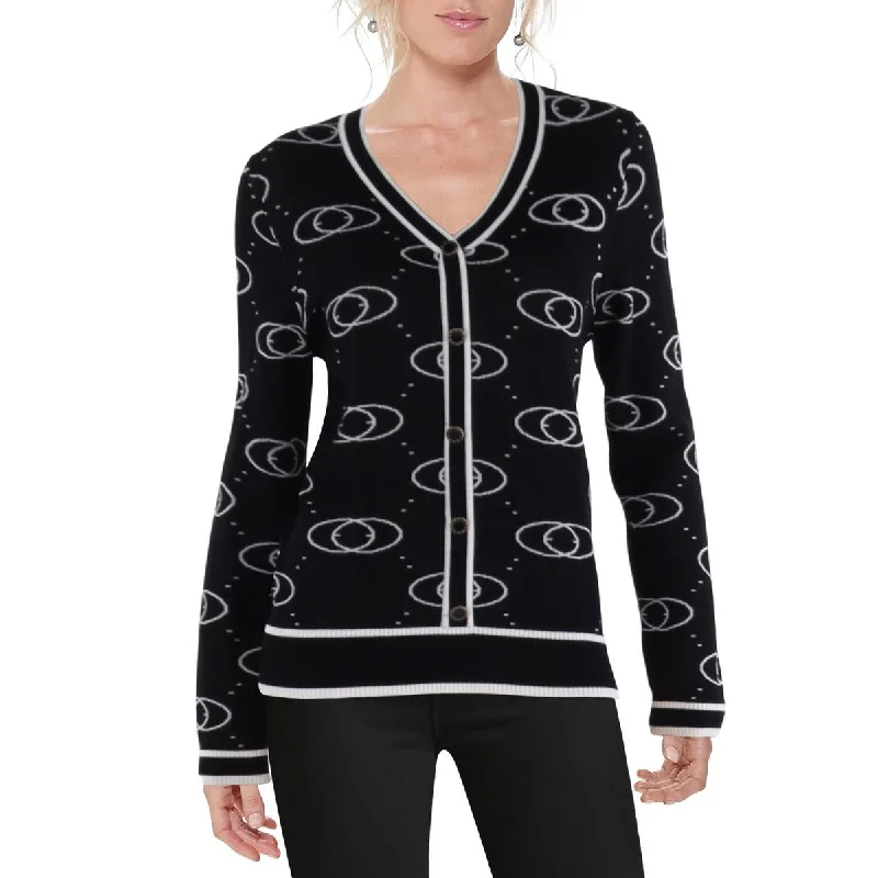 Womens Printed Button-Down Cardigan Sweater Cashmere Blend Cotton Blend Poly Blend