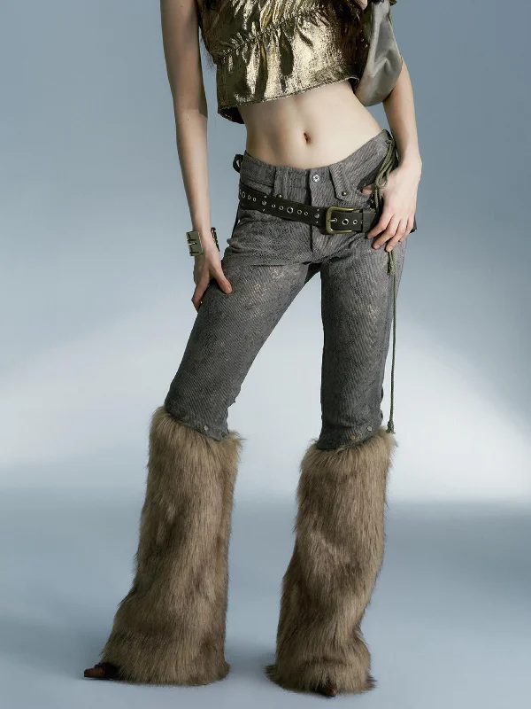 Fur-Trimmed Snake Print Cropped Pants Formal Slim Pants