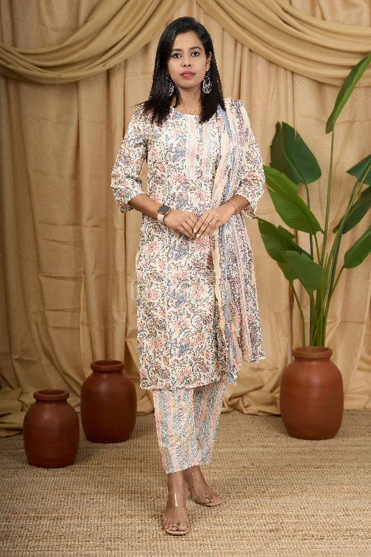 Cream Floral Cotton Women's Straight Kurta Set with Striped Pants and Dupatta Classic Cropped Pants