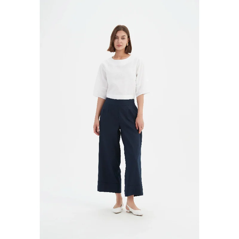 Tirelli Cropped Wide Leg Pant - Navy Elegant Wool Trousers