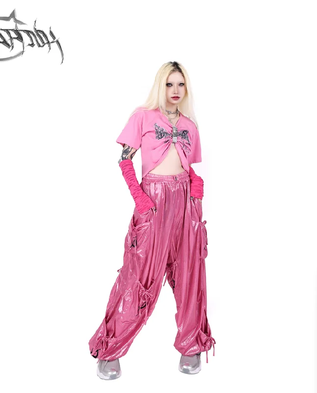 PINKSPINK Shiny Parachute Cargo Pants - Hot Pink Trendy Work Pants