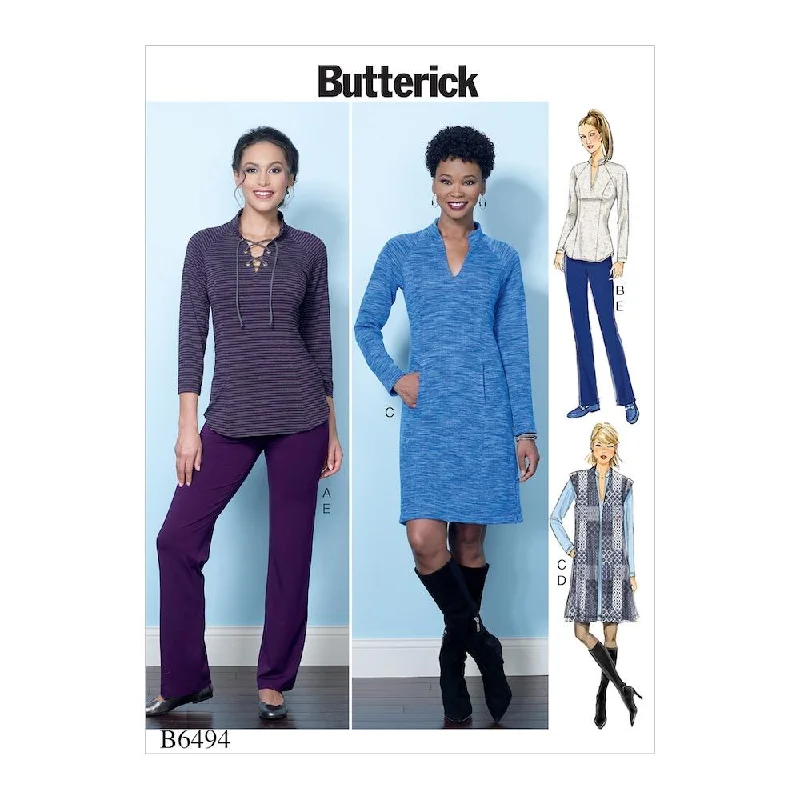 Butterick Pattern B6494 Misses' Knit Raglan Sleeve Tops and Dress, Vest, and Pull-On Pants Chic Checkered Pants