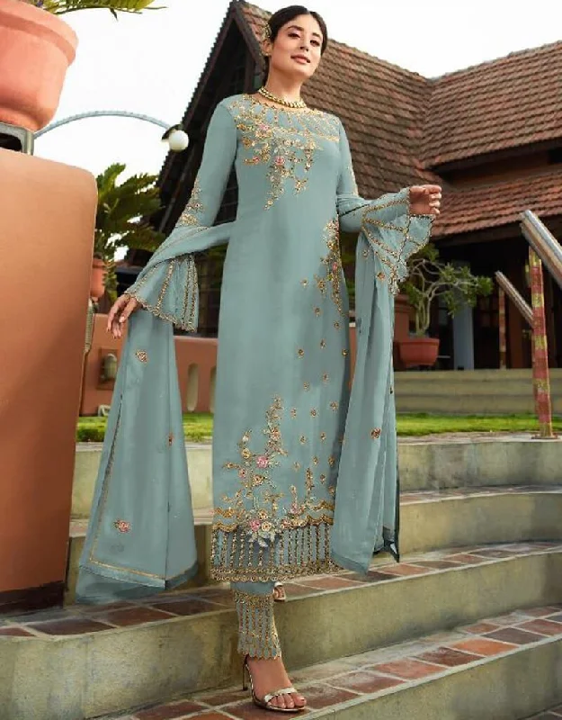 Sea Blue Heavy Faux Georgette Straight Pant Modern Bootcut Pants