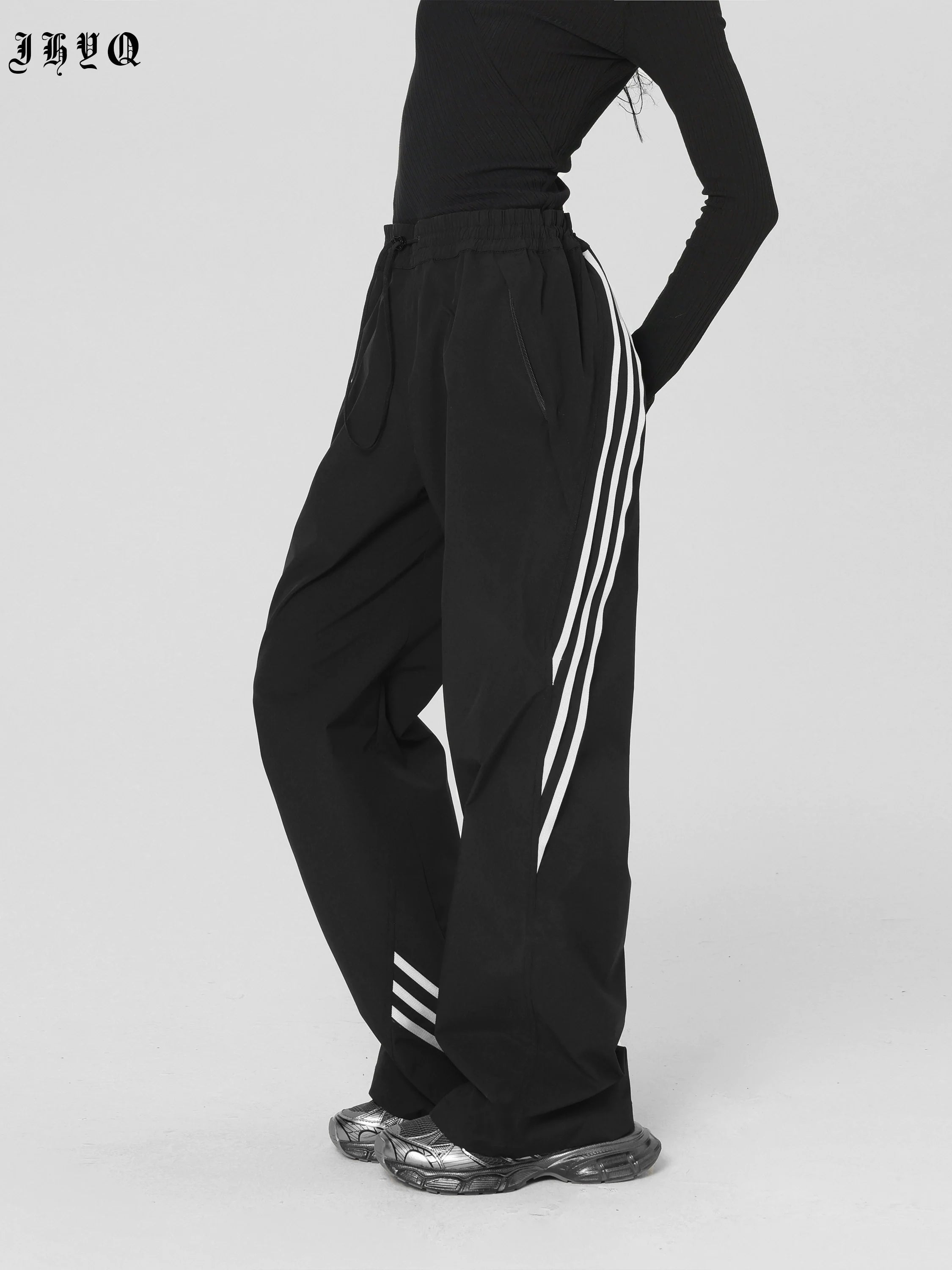 Striped Paratrooper Drawstring Sports Pants Chic Wool Trousers
