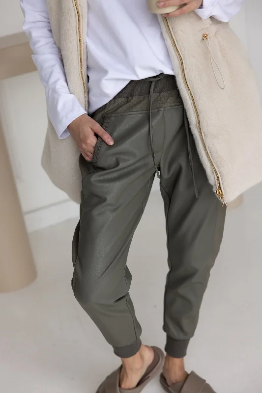 JOEY Pants Vegan Leather Olive Cozy Full-Length Pants