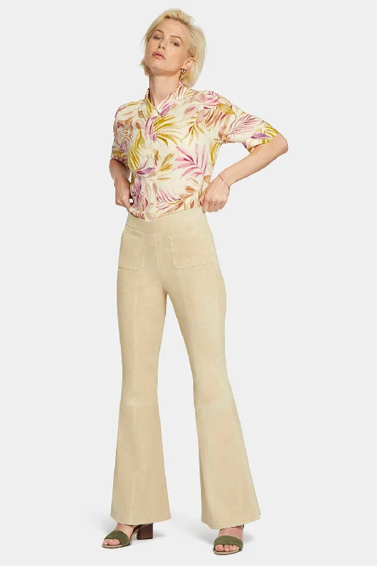 Stretch Suede Flared Pants - Warm Sand Comfy Zip-Up Pants