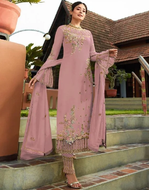 Dusty Pink Heavy Faux Georgette Straight Pant Relaxed Fit Trousers