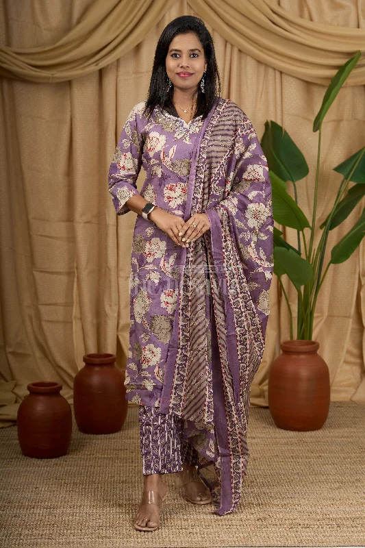 Purple Floral Cotton Women's Straight Kurta Set with Striped Pants and Dupatta Chic Slim Fit Pants