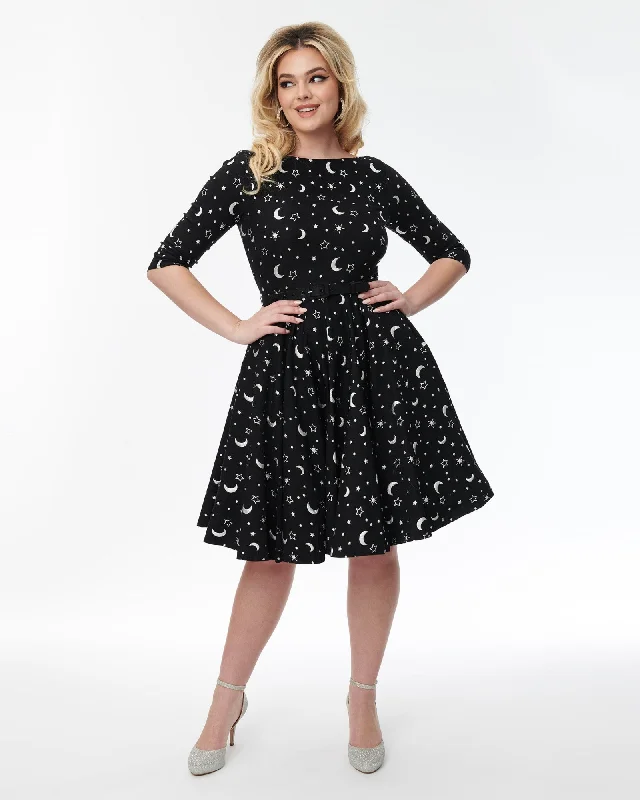 Unique Vintage Black & Foil Moons & Stars Devon Swing Dress | Black, Stars