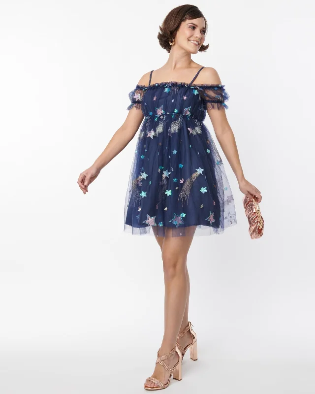 Smak Parlour Navy Glitter Off the Shoulder Babydoll Dress | Blue