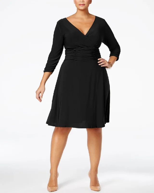 NY Collection Women's Plus Ruched A Line Dress Black Size 3X | Black