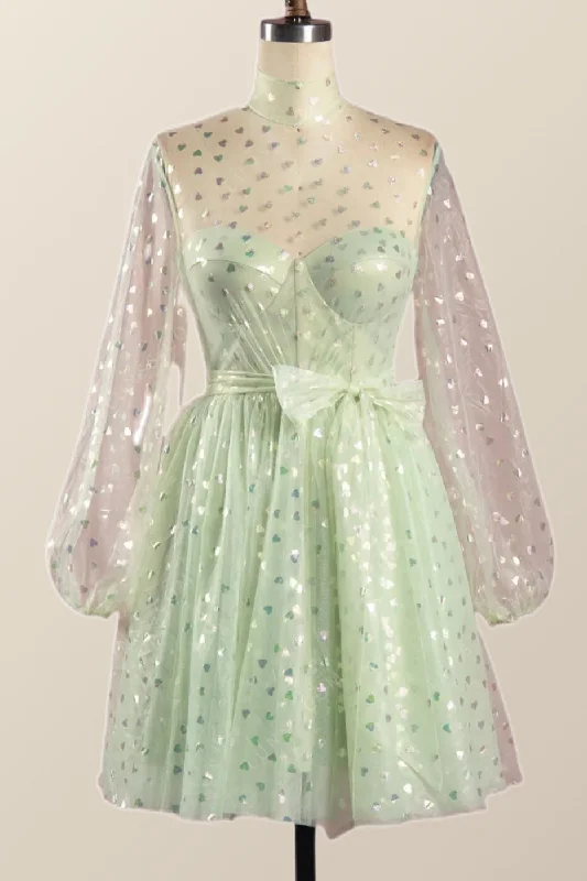 Puffy Long Sleeves Sage Green A-line Homecoming Dress