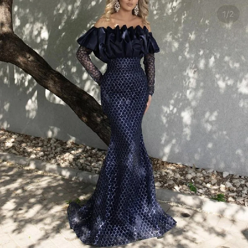 navy blue evening dresses long sleeve boat neck mermaid sparkly bling Dubai fashion evening gown 2021