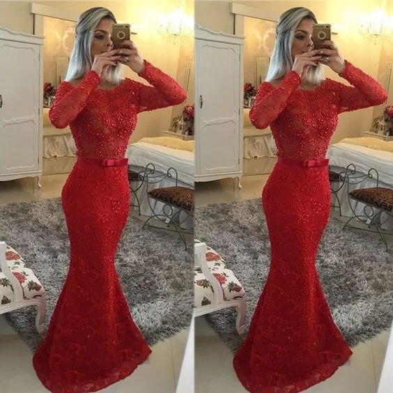 red evening dresses long sleeve lace applique mermaid beaded elegant modest cheap evening gown