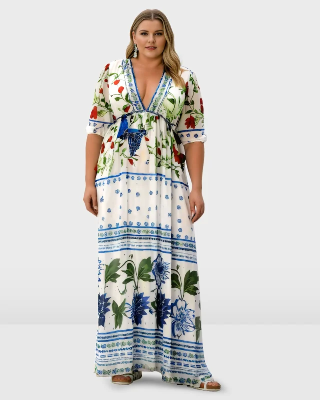 Floral Bird Print Georgette Drawstring Dress | Multi