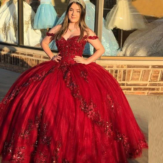 Spark Princess Quinceanera Dress Appliques Flowers Corset Back Ball Gown Party Sweet 16 Prom Gowns c2780