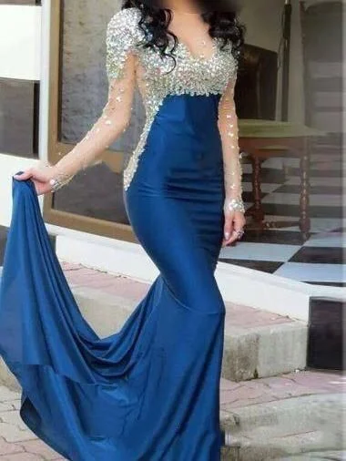 modest evening dresses long sleeve crystal navy blue beaded mermaid elegant evening gown