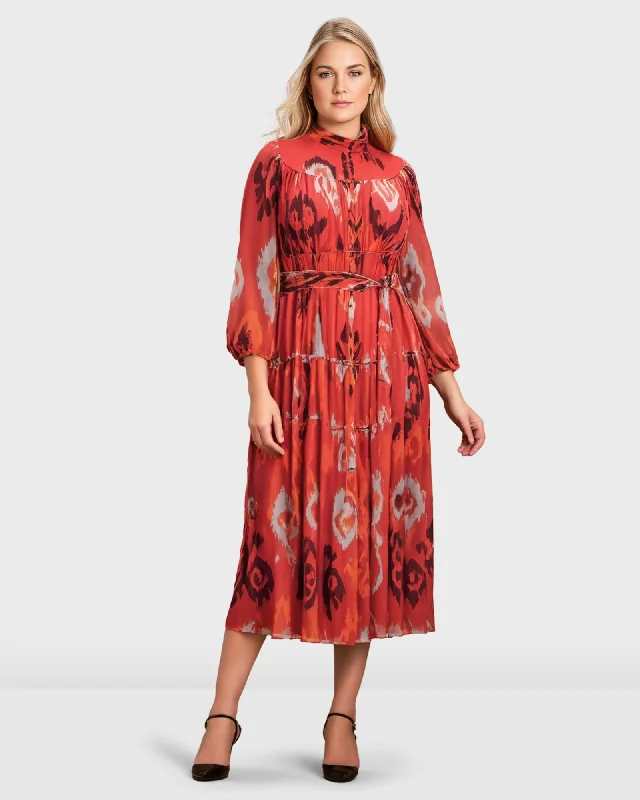 Ikat Print Georgette Tiered Dress | Red