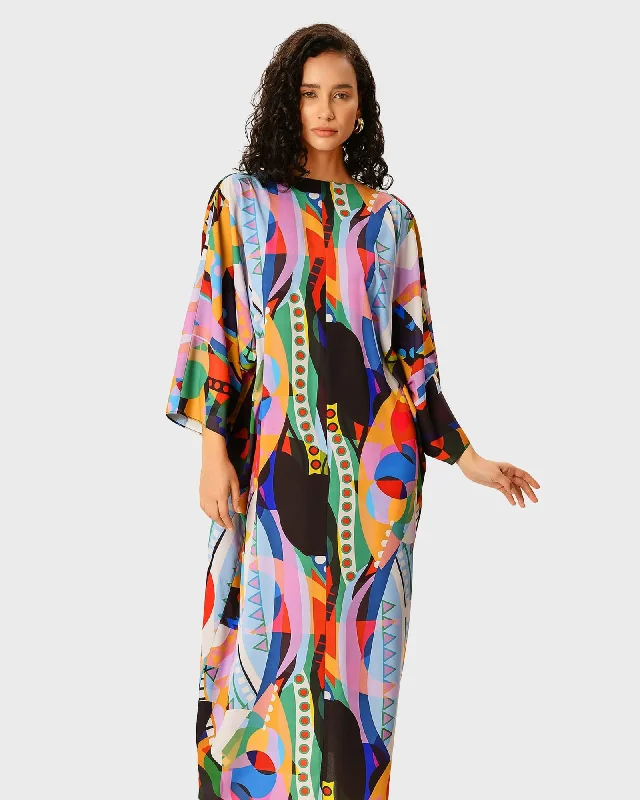 Draped Cowl Abstract Print Crepe Dress | Multi