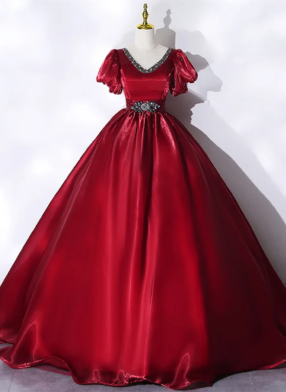 Wine Red V-neckline Beaded Ball Gown Prom Dress, Wine Red Sweet 16 Dress