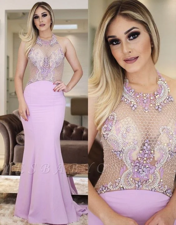 pink evening dresses long halter beaded crystal elegant mermaid cheap evening formal gown