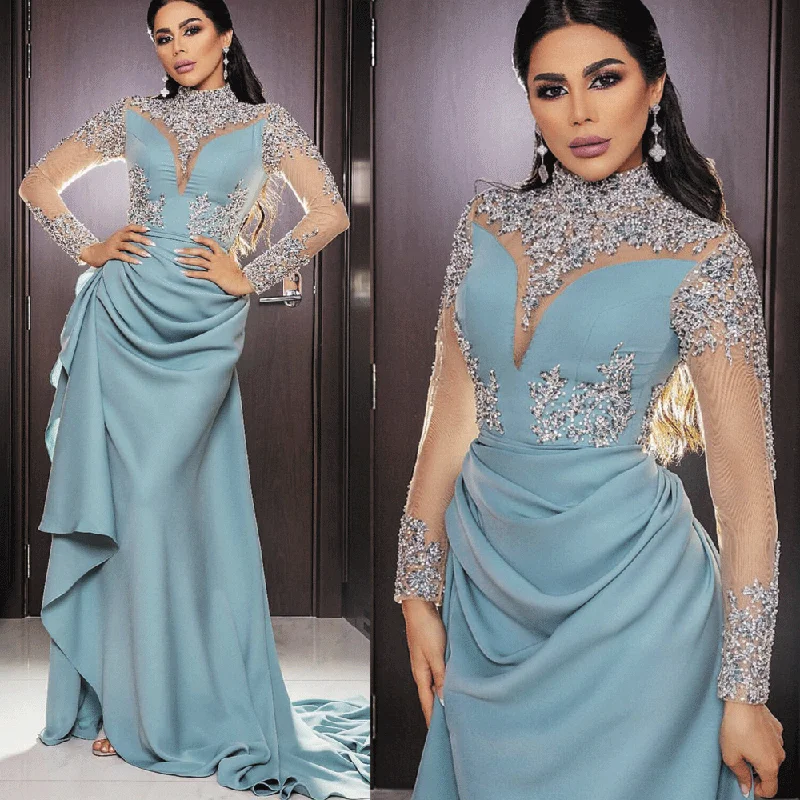 crystal blue evening dresses long sleeve beaded mermaid elegant cheap evening gown formal dress