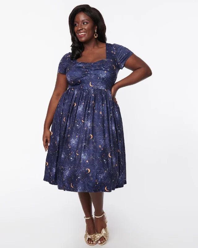 Unique Vintage Curve Navy Golden Galaxy Twist Front Swing Dress | Navy, Gold Stars