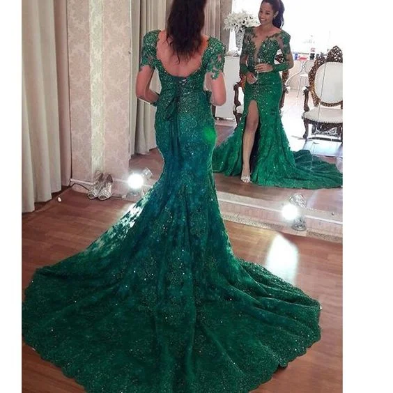 modest evening dresses long sleeve green lace appliqué beaded mermaid elegant sexy formal dresses