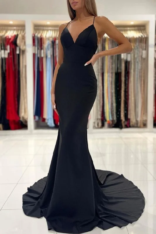 Black V-Neck Spaghetti-Straps Prom Dress Mermaid Sleeveless cc433