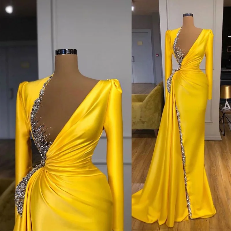 long sleeve modest evening dresses 2020 beaded crystals yellow elegant sparkly luxury evening gown 2021
