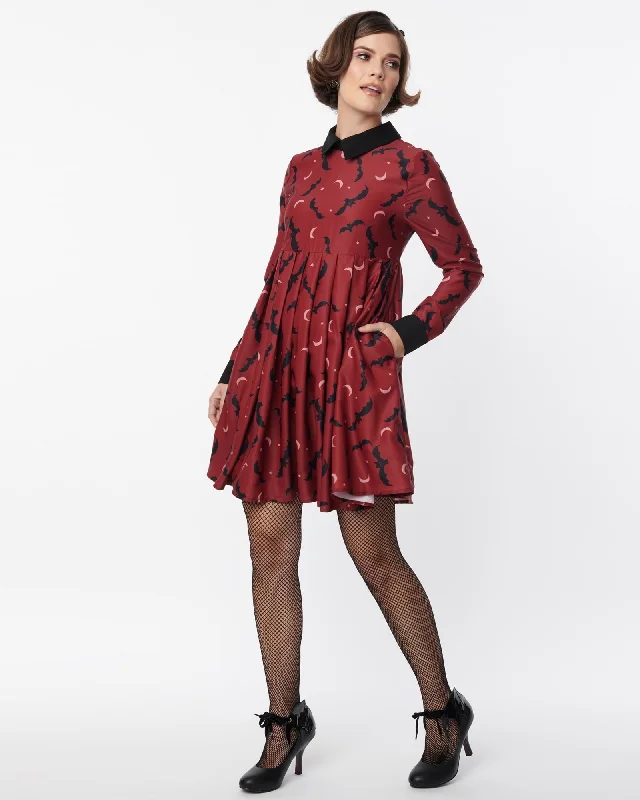 Unique Vintage Burgundy & Black Bats Baby Doll Dress | Red