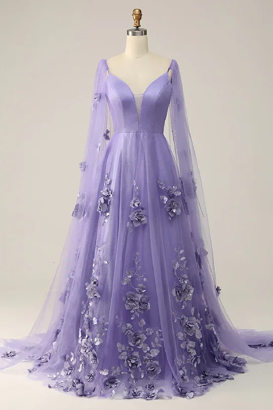 Purple Cape Sleeves Long Prom Dress With 3d Flowers,DP1143