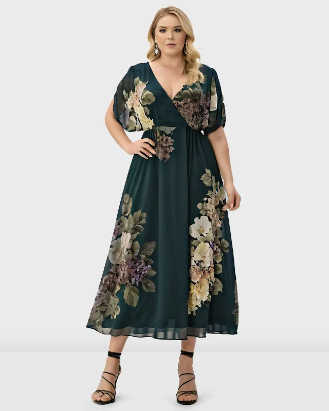 Floral Print Georgette Surplice Dress | Beige