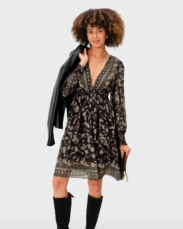 Floral Print Georgette Smocked Dress | Deep Brown