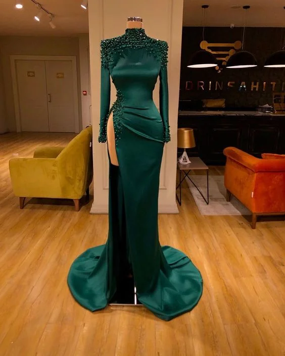 green beaded evening dresses long 2020 high neck mermaid elegant sexy formal dresses